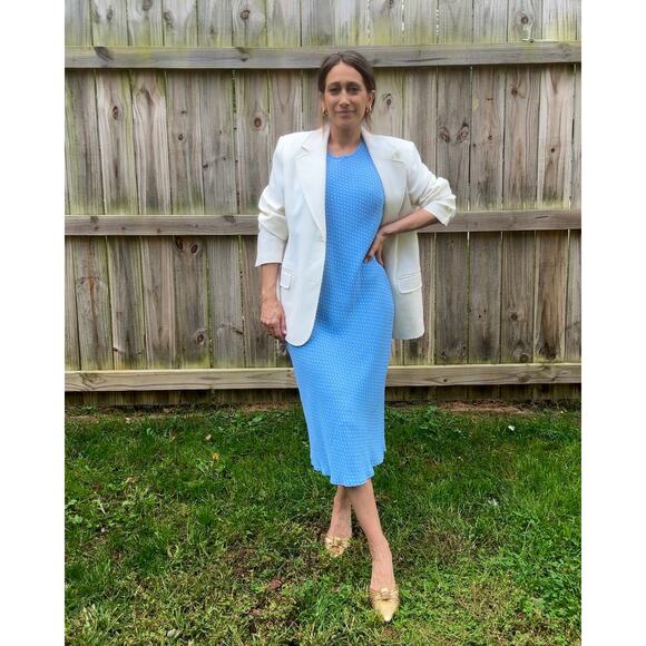 90s Vintage Washed French Blue Bias Cut Dress / Micro Polka Dot - Picture 5 of 10